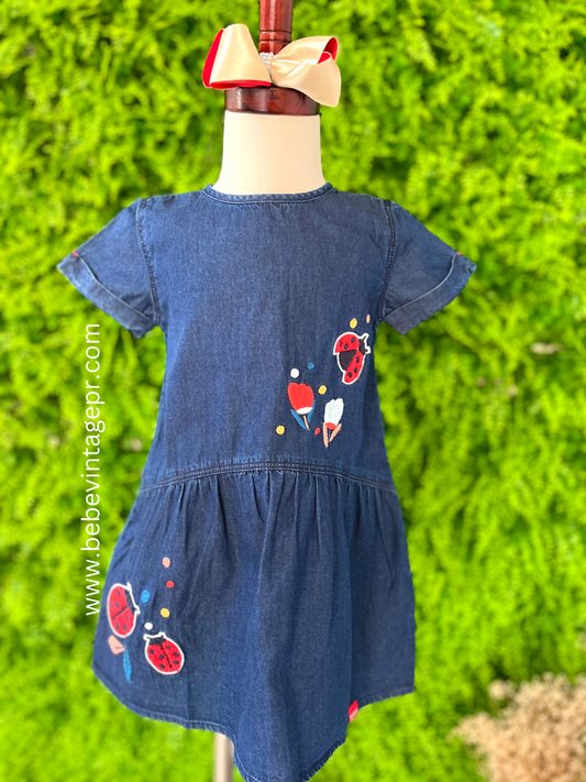 Denim Dress with Ladybug Print